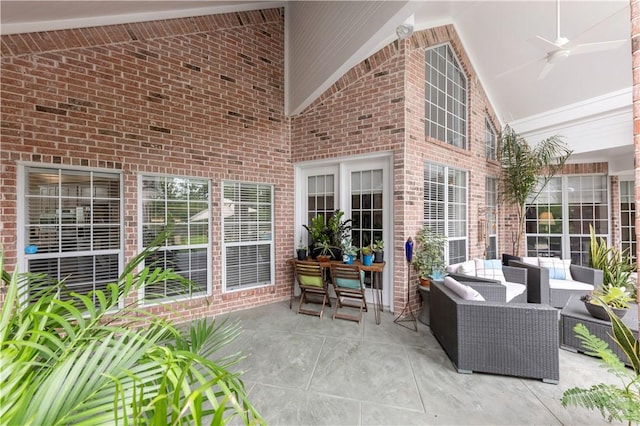 view of patio featuring ceiling fan and an outdoor living space