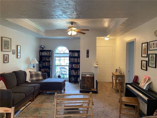 living room with a raised ceiling, light colored carpet, and a textured ceiling