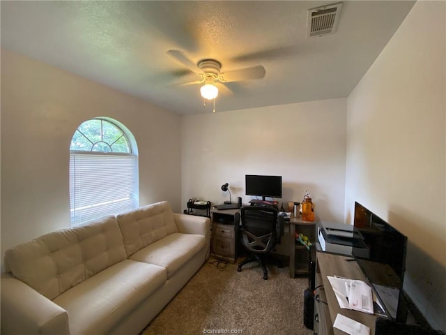 carpeted office space featuring ceiling fan and a textured ceiling