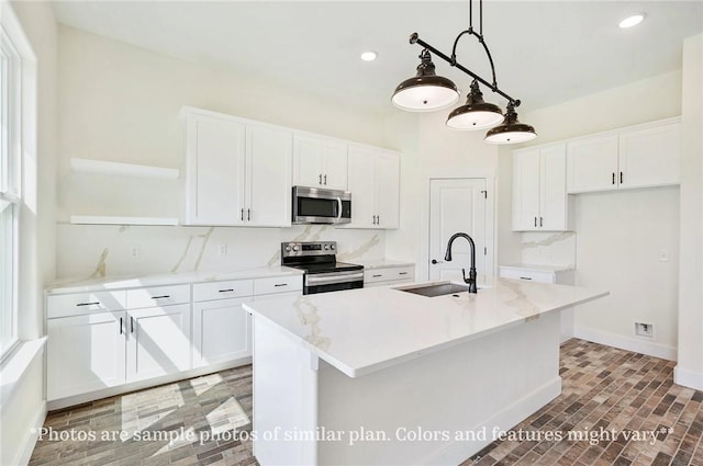 436 Brazos Bnd, Snook, TX 77879 - kitchen with stainless steel appliances, a sink, open shelves, white cabinets, and recessed lighting