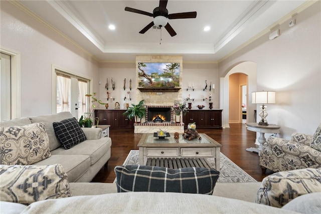 living room featuring dark hardwood / wood-style floors, a stone fireplace, a raised ceiling, and ornamental molding