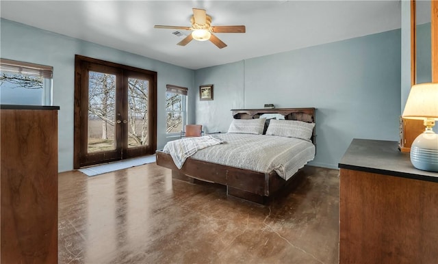 bedroom with french doors, ceiling fan, and access to outside