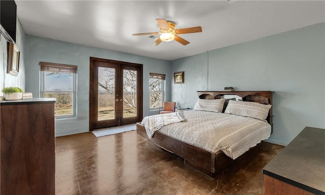 bedroom with french doors, ceiling fan, and access to exterior