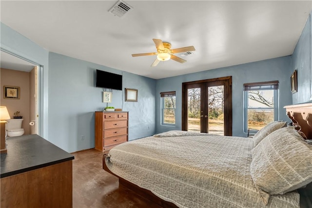 bedroom with access to outside, french doors, and ceiling fan