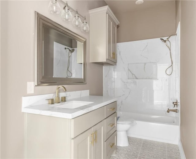 full bathroom featuring toilet, vanity, bathtub / shower combination, and tile patterned flooring