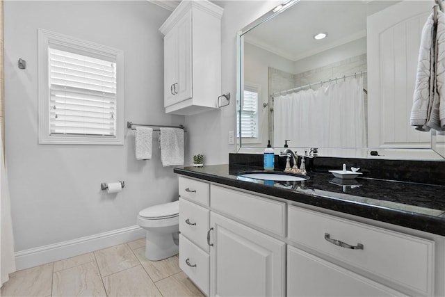 3511 Falston Grn, Bryan, TX 77808 - full bath featuring vanity, crown molding, a shower with shower curtain, and marble finish floors