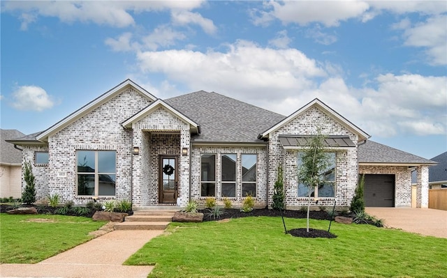 french country inspired facade with driveway, a front lawn, an attached garage, a shingled roof, and brick siding