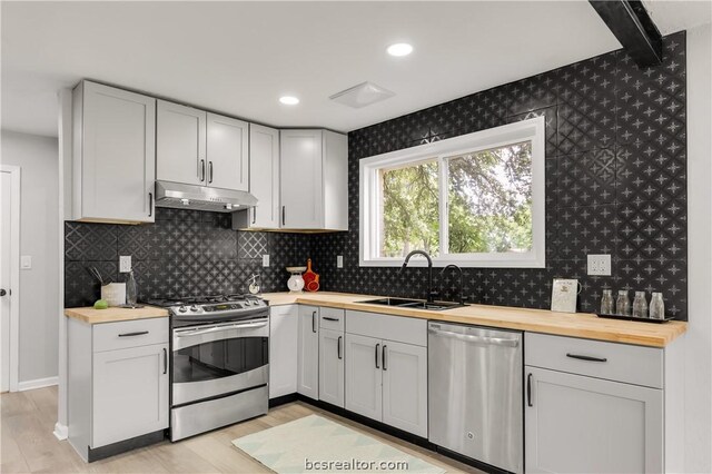 kitchen featuring backsplash, butcher block counters, sink, and appliances with stainless steel finishes