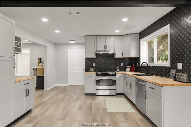 kitchen with sink, decorative backsplash, light wood-type flooring, appliances with stainless steel finishes, and butcher block counters