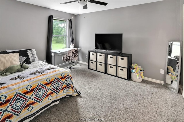 bedroom featuring ceiling fan and carpet floors