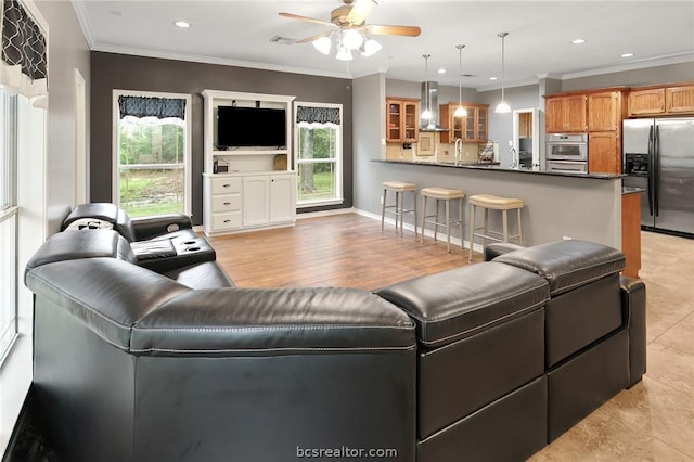 living room featuring light hardwood / wood-style floors, a healthy amount of sunlight, ornamental molding, and sink