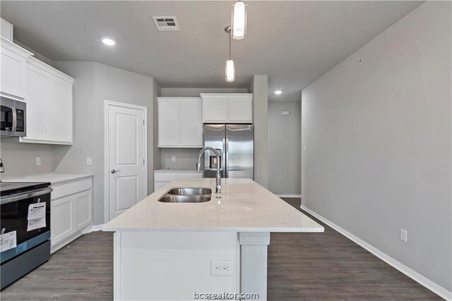 kitchen featuring white cabinetry, sink, an island with sink, pendant lighting, and appliances with stainless steel finishes