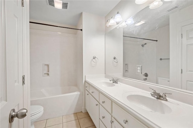 full bathroom featuring tile patterned floors, toilet, shower / bath combination, and vanity