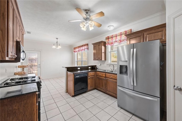 kitchen with sink, light tile patterned floors, ornamental molding, appliances with stainless steel finishes, and kitchen peninsula