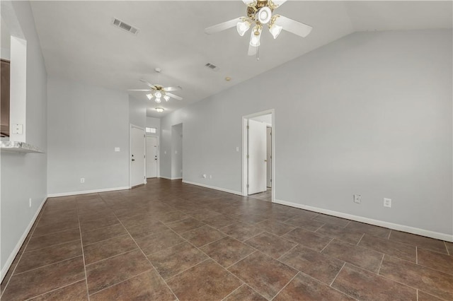 unfurnished living room featuring lofted ceiling and ceiling fan