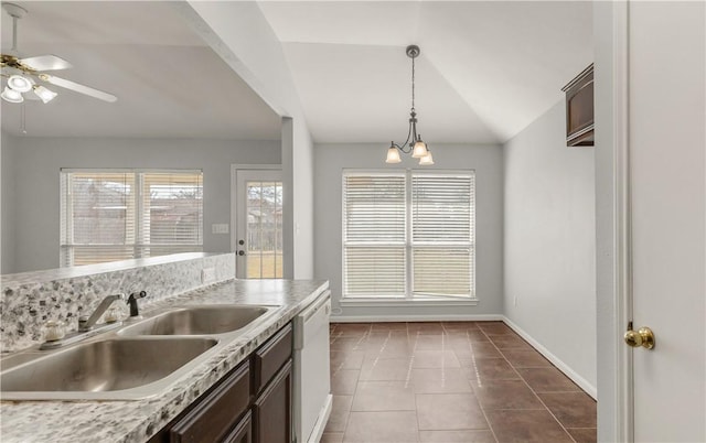 kitchen with lofted ceiling, dark brown cabinetry, dishwasher, and sink