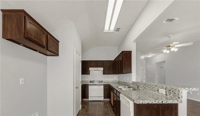 kitchen featuring sink, range, dark brown cabinets, dishwasher, and ceiling fan