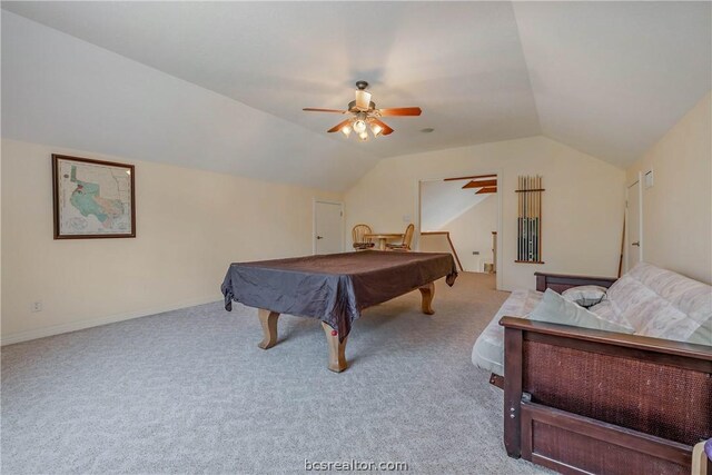 game room featuring lofted ceiling, light carpet, ceiling fan, and billiards