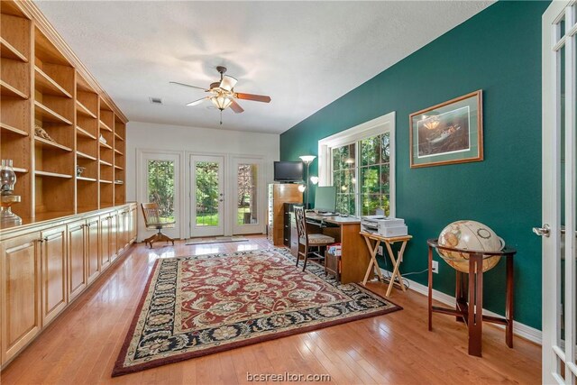 office featuring ceiling fan, plenty of natural light, and light hardwood / wood-style floors