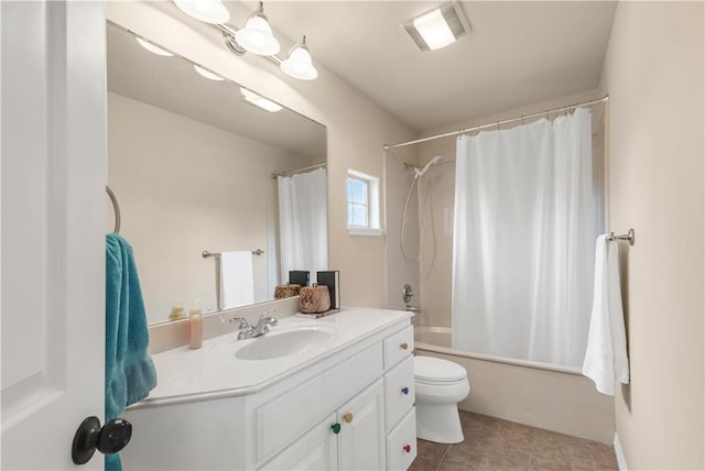 full bathroom with shower / bath combination with curtain, vanity, tile patterned floors, and toilet