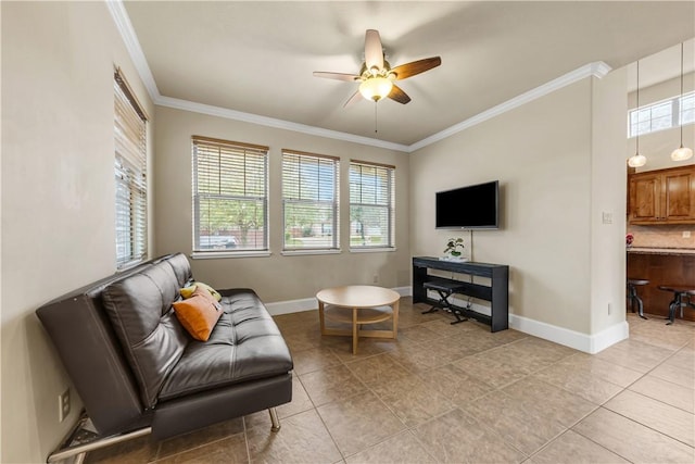 tiled living room featuring crown molding, plenty of natural light, and ceiling fan