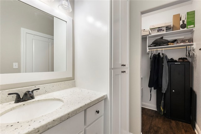 bathroom featuring wood finished floors, vanity, and a walk in closet