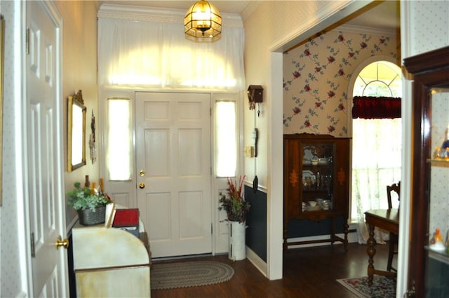 foyer featuring dark hardwood / wood-style floors and ornamental molding