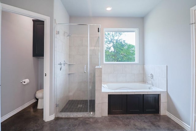 12029 Eagle Ln, North Zulch, TX 77872 - full bath with a stall shower, a bath, recessed lighting, and finished concrete flooring