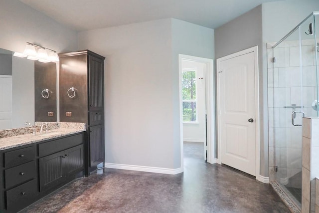 12029 Eagle Ln, North Zulch, TX 77872 - bathroom featuring finished concrete floors, vanity, and a shower stall