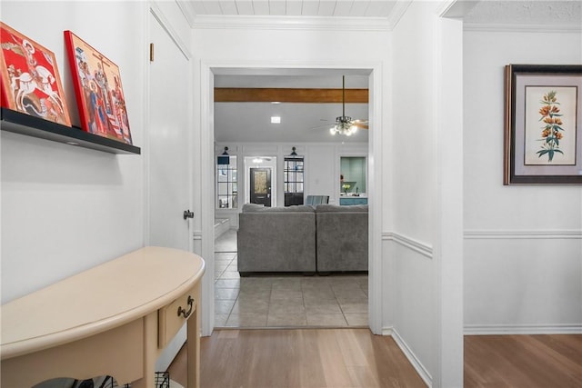 8700 Bent Tree Dr, College Station, TX 77845 - hall featuring wood finished floors, ornamental molding, and baseboards