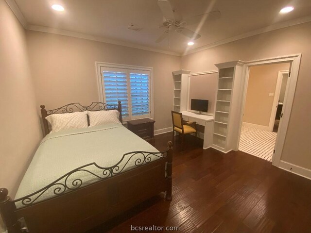 bedroom featuring ornamental molding, ceiling fan, and dark wood-type flooring