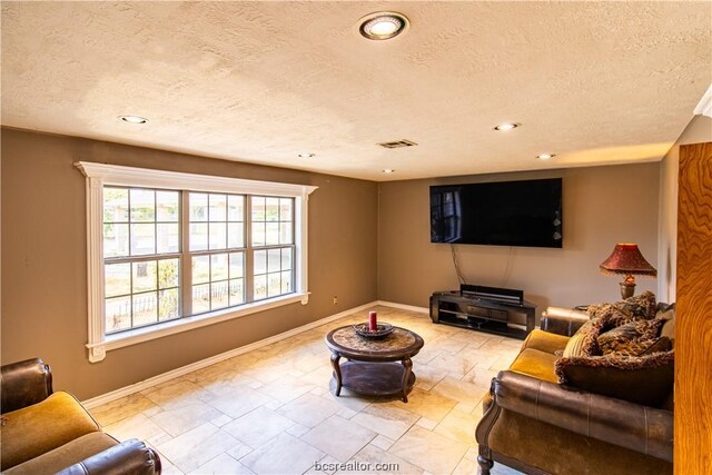 living room featuring a textured ceiling