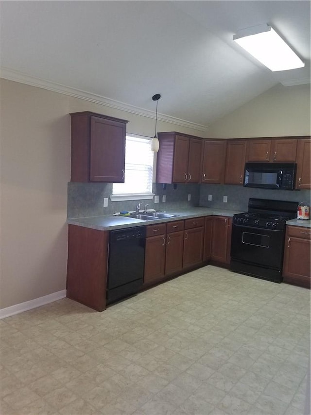kitchen featuring light floors, decorative light fixtures, black appliances, ornamental molding, and a sink