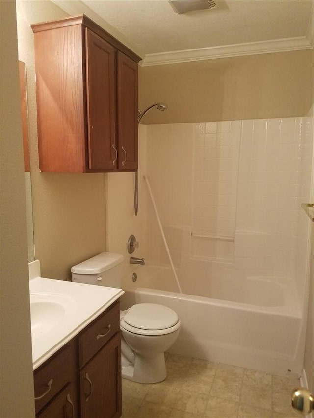 full bathroom with vanity, toilet, visible vents, ornamental molding, and  shower combination