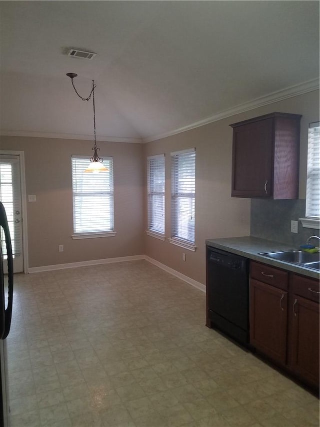 kitchen featuring light floors, black dishwasher, a sink, visible vents, and lofted ceiling