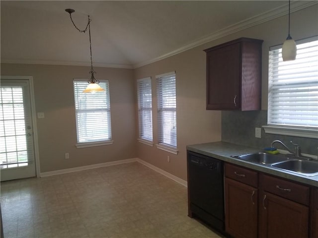 kitchen with black dishwasher, ornamental molding, lofted ceiling, and a sink