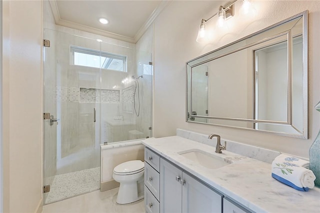 bathroom with crown molding, a shower with door, vanity, and toilet