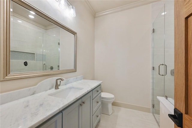 bathroom with vanity, toilet, crown molding, and walk in shower