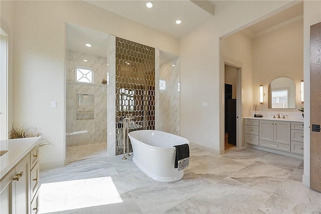 bathroom with shower with separate bathtub, vanity, and crown molding