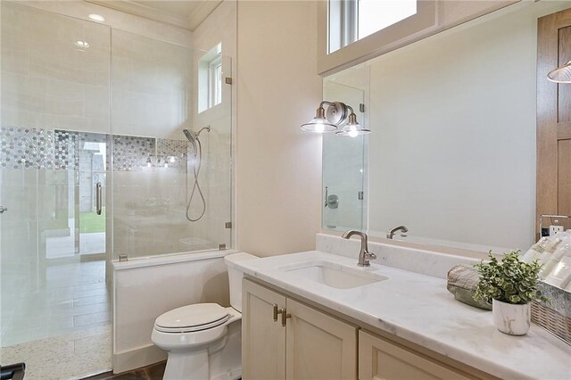 bathroom featuring plenty of natural light, toilet, a shower with door, and vanity