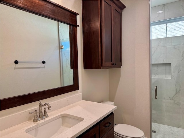 bathroom featuring vanity, toilet, and walk in shower