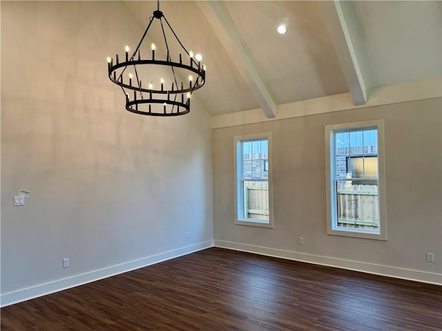 unfurnished living room featuring a notable chandelier, vaulted ceiling with beams, and dark wood-type flooring