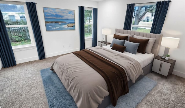 carpeted bedroom featuring multiple windows