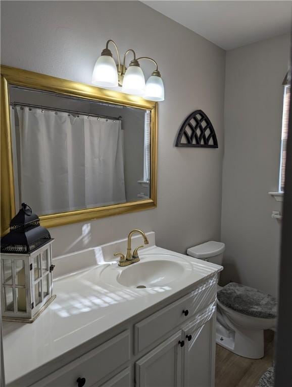 bathroom featuring vanity, hardwood / wood-style flooring, toilet, and a shower with shower curtain