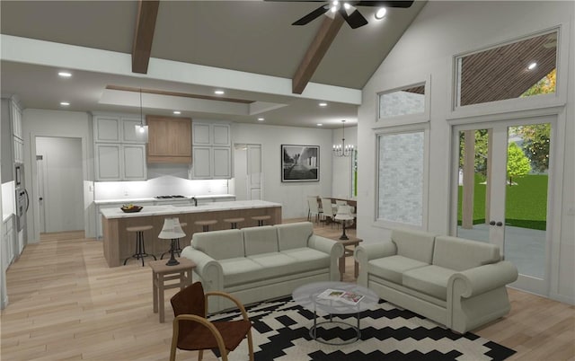 living room featuring sink, beam ceiling, high vaulted ceiling, and light hardwood / wood-style flooring