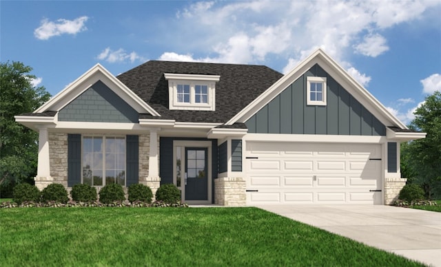 3148 Margaret Rudder Pkwy, Bryan, TX 77808 - craftsman inspired home featuring stone siding, concrete driveway, a garage, a front yard, and board and batten siding