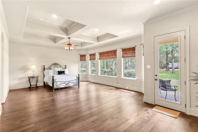 11376 Majestic Dr, Montgomery, TX 77356 - bedroom with access to outside, crown molding, baseboards, wood finished floors, and beam ceiling