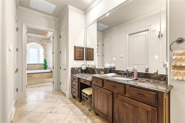 11376 Majestic Dr, Montgomery, TX 77356 - bathroom featuring ornamental molding, vanity, a tub, and tile patterned floors