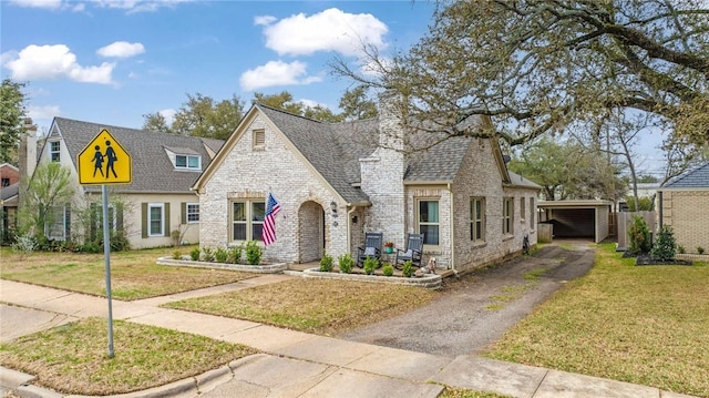 view of front of home with a front lawn, roof with shingles, and aphalt driveway