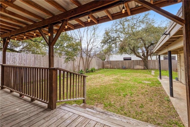 wooden deck with a lawn and a fenced backyard